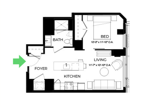 Floor plan for 1 bed, 1 bath, 600 sqft